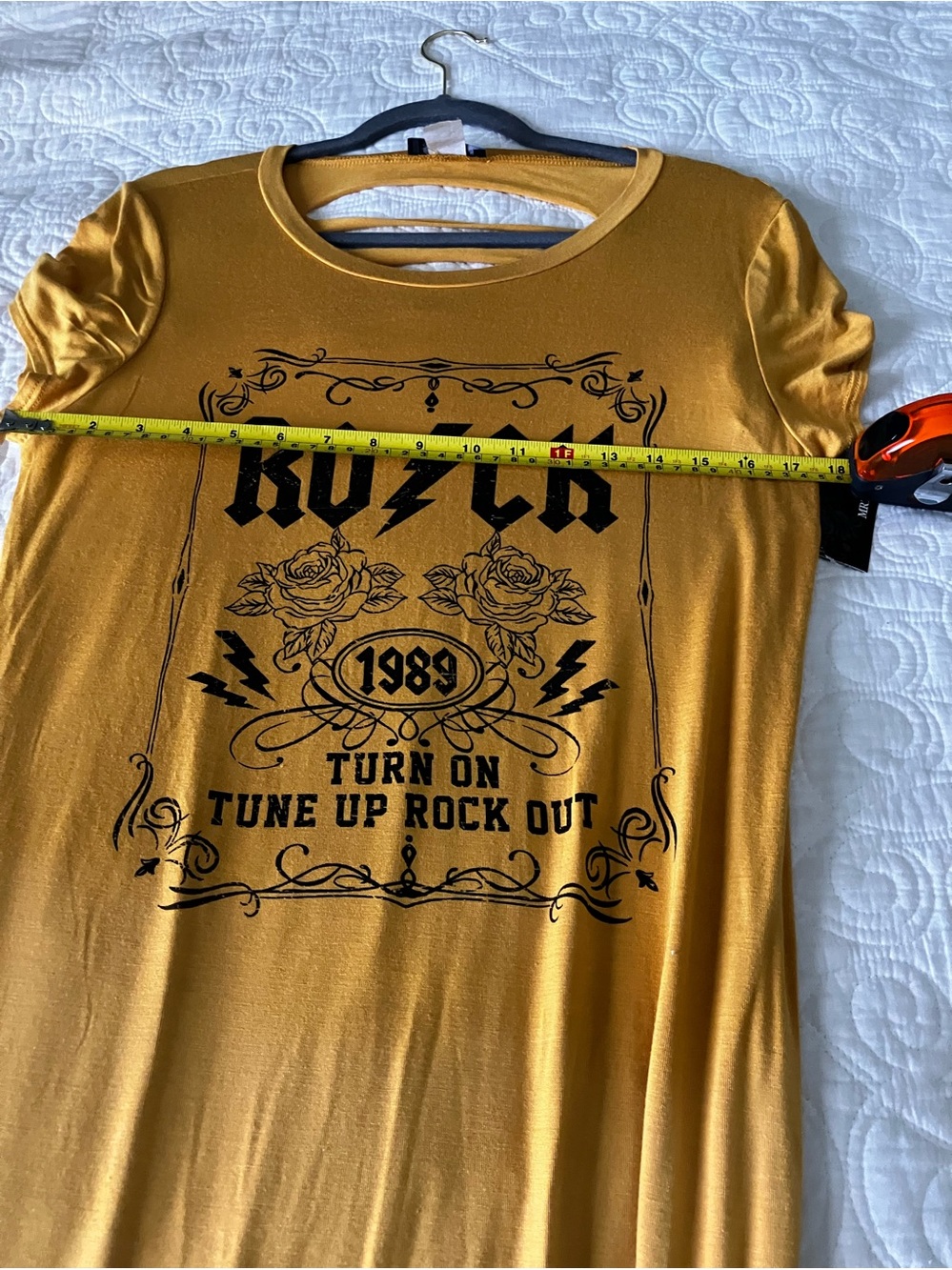 MRT 1030 Rock Graphic T-Shirt Dress XL Mustard Distressed Cutout Back Edgy - NWT - Picture 6 of 9